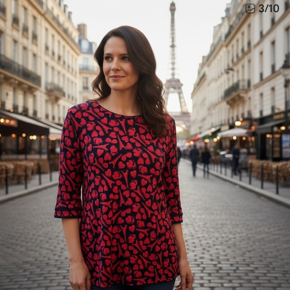 Karl Lagerfeld Paris Valentine Hearts & Eiffel Tower Short Sleeve Blouse Size M